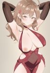  1girl absurdres ahoge armpits arms_behind_head audirenze black_gloves breasts brown_eyes brown_hair closed_mouth cocktail_dress commentary dress elbow_gloves english_commentary gloves halterneck highres large_breasts long_hair looking_at_viewer mariya_mikhailovna_kujou nipple_slip nipples red_dress revealing_clothes see-through_clothes see-through_dress sleeveless sleeveless_dress smile solo tokidoki_bosotto_roshia-go_de_dereru_tonari_no_alya-san 
