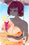  1girl absurdres bikini breasts cleavage cocktail commentary drink drinking_straw english_commentary hair_bun highres hinabobina_(vtuber) huge_breasts imtwopie indie_virtual_youtuber navel pointy_ears red_eyes red_hair single_hair_bun solo star-shaped_pupils star_(symbol) sweat swimsuit symbol-shaped_pupils umbrella virtual_youtuber yellow_bikini 