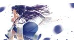  1girl ahoge alternate_costume bare_shoulders blood braid breasts commentary_request dress expressionless floating_hair flower gloves gotointhepark hair_flower hair_ornament half-closed_eyes highres holding holding_sword holding_weapon honkai_(series) honkai_impact_3rd large_breasts long_hair looking_at_viewer motion_blur petals photoshop_(medium) purple_eyes purple_hair raiden_mei raiden_mei_(aeterna_purum) raiden_mei_(valkyrie_bladestrike) revision second-party_source side_braid sideboob skindentation solo strapless strapless_dress sword thighhighs very_long_hair weapon white_dress white_gloves white_thighhighs wind wind_lift 