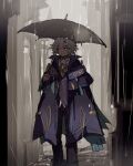  1boy ahoge ascot black_boots black_jacket black_pants black_vest blue_gem blue_scarf boots buttons cape closed_mouth collared_jacket collared_shirt day feet_out_of_frame gem genshin_impact grey_hair grey_sky hair_between_eyes hand_up high_collar highres holding holding_umbrella jacket jewelry lapels looking_to_the_side male_focus mitya_(genshin_impact) open_clothes open_jacket outdoors pants pendant purple_cape purple_eyes purple_jacket ra_suya rain scarf shirt short_hair sky solo standing tassel two-sided_fabric two-sided_jacket umbrella vest white_ascot white_shirt yellow_gem 