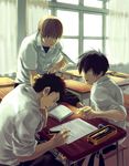  bangs black_hair brown_hair chair classroom closed_mouth collared_shirt contemporary curtains day desk eraser facial_hair food frown gintama hand_on_own_head hijikata_toushirou holding indoors kondou_isao leuco male_focus mechanical_pencil multiple_boys okita_sougo on_desk paper paper_airplane parted_lips pen pencil pencil_case pointing school_desk school_uniform scratching_head shirt short_sleeves sitting sitting_on_desk sleeves_rolled_up stubble studying sweat undershirt white_shirt window 