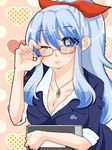  alternate_costume alternate_hairstyle bad_id bad_pixiv_id bespectacled blazer blue_hair book breasts cleavage glasses jacket jewelry kamishirasawa_keine karasuma_yayoi lips medium_breasts necklace ponytail sleeves_rolled_up solo teacher touhou wince 