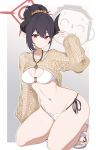  1boy 1girl bikini black_hair black_horns blue_archive blush breasts chiaki_(blue_archive) chiaki_(swimsuit)_(blue_archive) cleavage demon_horns doodle_sensei_(blue_archive) gin_moku hair_bun hair_ornament hair_scrunchie halo highres horns jewelry kneeling long_hair long_sleeves looking_at_viewer medium_breasts navel necklace o-ring pendant pointy_ears red_eyes sandals scrunchie see-through_clothes see-through_shrug sensei_(blue_archive) shrug_(clothing) smile swimsuit white_bikini yellow_shrug 