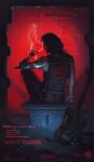  1boy absurdres black_hair black_pants cigarette commentary cyberpunk cyberpunk_(series) cyberpunk_2077 daromram electric_guitar english_commentary guitar highres holding holding_cigarette instrument johnny_silverhand looking_at_viewer looking_back male_focus mechanical_arms pants single_mechanical_arm sitting solo 