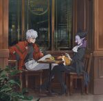  >:( 3boys armadillo ascot belt black_belt black_boots black_cloak black_gloves black_hair black_pants black_shoes blue_eyes blush boots cafe capelet chair cityscape cloak colored_eyelashes commentary_request copyright_name crossed_legs cup donut draluc_(kyuuketsuki_sugu_shinu) english_text fang food from_side full_body gloves grin highres holding holding_cup indoors jacket john_(kyuuketsuki_sugu_shinu) juice kyuuketsuki_sugu_shinu male_focus mirrored_text multiple_boys mystical_high_collar night orange_juice pants plant pointy_ears profile purple_cloak red_capelet red_jacket ronaldo_(kyuuketsuki_sugu_shinu) shoes short_hair sitting smile table v-shaped_eyebrows vampire very_short_hair whit0w white_ascot white_eyelashes white_gloves white_hair white_pants wooden_chair 