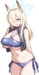  1girl alternate_costume bare_arms bikini black_vest blonde_hair blue_archive blue_bikini blue_eyes blue_halo breaaad breasts cleavage commentary cosplay cropped_vest hair_over_one_eye halo highres huge_breasts kanna_(blue_archive) looking_at_viewer navel sharp_teeth solo stomach swimsuit teeth underboob valkyrie_police_academy_student_(sg)_(blue_archive) valkyrie_police_academy_student_(sg)_(blue_archive)_(cosplay) vest white_background 
