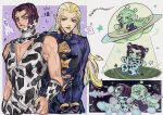  2boys aircraft alien animal_print arm_warmers blonde_hair blue_coat bodysuit bracelet chibi chibi_inset cleavage_cutout clothing_cutout coat commentary cow_print diamond_wa_kudakenai gakuran green_eyes hazekura_mikitaka highres hood hooded_bodysuit in-franchise_crossover jewelry jojo_no_kimyou_na_bouken long_hair long_sleeves male_focus multiple_boys naru_tomaki pectoral_cleavage pectorals planet pointy_ears purple_hair rikiel rocket school_uniform shooting_star short_hair sky_high_(stand) skyfish_(cryptid) sleeveless sleeveless_bodysuit spacecraft stand_(jojo) star_(symbol) stone_ocean time_paradox twitter_username ufo ufo_ornament untranslatable_commentary white_arm_warmers white_bodysuit 