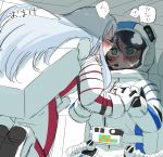  2girls @_@ absurdres blue_eyes blue_hair blush closed_eyes commentary_request floating floating_hair flustered full-face_blush grey_hair helmet highres holding_hands hoshino_ichika_(project_sekai) imminent_kiss interlocked_fingers long_hair missing_headwear multiple_girls othiwo project_sekai sketch space_helmet spacesuit squinting yoisaki_kanade yuri zero_gravity 