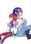  1boy 1girl amate_yuzuriha aqua_eyes blue_hair blush bodysuit breasts closed_mouth colored_inner_hair commentary couple gundam gundam_gquuuuuux hetero highres mecha_pilot_suit minatonosoko multicolored_bodysuit multicolored_hair normal_suit_(gundam) purple_hair red_eyes red_hair science_fiction shirt short_hair shuji_ito simple_background sitting smile two-tone_hair white_background white_shirt 