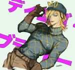  1boy absurdres aqua_helmet argyle_clothes argyle_sweater artist_name belt blonde_hair blue_bow blue_eyes blue_sweater bow brown_gloves brown_pants commentary_request diego_brando gloves hair_between_eyes helmet highres jojo_no_kimyou_na_bouken long_sleeves looking_at_viewer male_focus medium_hair ok_sign open_mouth pants sharp_teeth simple_background solo steel_ball_run sweater teeth turtleneck turtleneck_sweater uratake watermark white_background 
