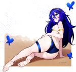  1girl alternate_costume arm_support armlet artist_name ass barefoot beach bikini blue_bikini blue_eyes blue_hair blush breasts bug butterfly commentary double-parted_bangs english_commentary feet fire_emblem fire_emblem_awakening from_behind full_body gold_hairband gold_trim hair_between_eyes hairband highres jaxdrawz jewelry legs long_hair looking_at_viewer lucina_(fire_emblem) outdoors soles solo swimsuit symbol-shaped_pupils thigh_strap toes 