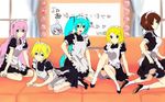  4girls alternate_costume couch derivative_work enmaided hair_ornament hairclip hatsune_miku k-on! kagamine_len kagamine_rin kneeling long_hair maid maid_headdress megurine_luka meiko multiple_girls otoko_no_ko sitting smile socks tears thighhighs tray twintails very_long_hair vocaloid 