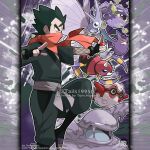  1boy absurdres ariados artist_name belt black_gloves black_hair blunt_bangs colored_sclera commentary company_name copyright_notice covered_mouth crobat english_commentary fangs fingerless_gloves fishnets forretress from_side gas gloves grey_belt highres holding holding_poke_ball horns japanese_clothes koga_(pokemon) male_focus mature_male merchandise_available muk ninja official_style open_mouth outline outstretched_arm poke_ball pokemon pokemon:_let's_go_pikachu!_and_let's_go_eevee! pokemon_(creature) pokemon_team red_eyes red_scarf scarf scarf_over_mouth short_hair short_sleeves single_horn spiked_hair standing standing_on_one_leg teeth tom_higgins v-shaped_eyebrows venomoth watermark weezing white_outline yellow_sclera 