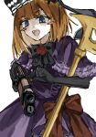  1girl black_bow black_gloves black_hat blue_eyes blunt_bangs blush_stickers bow bowtie capelet commentary_request dress dress_bow elbow_gloves eva_beatrice flower gloves grin gun hat highres holding holding_gun holding_weapon looking_at_viewer orange_hair purple_capelet purple_dress red_bow red_flower red_rose reloading rose smile staff teeth umineko_no_naku_koro_ni upper_teeth_only ushiromiya_eva weapon white_background winchester_model_1873 yizhi893 