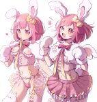  1girl :d animal_ears animal_hands ass_visible_through_thighs asymmetrical_legwear blush breasts capelet commentary_request gloves groin heart heart-shaped_pupils highres medium_breasts momomo_(m0_3) mouth_hold multiple_views navel nipples ootori_emu panties paw_gloves pink_eyes pink_hair pink_panties pink_skirt pink_thighhighs pleated_skirt project_sekai rabbit_ears simple_background skirt smile symbol-shaped_pupils thighhighs underwear white_background white_capelet white_gloves white_wings wings 