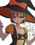  1girl :3 :d akasaka_miyuki alternate_costume black_bow black_dress black_hat blush bow breasts brown_hair commentary_request dress dress_bow furrowed_brow hair_between_eyes half-closed_eyes half_updo halloween_costume hat hat_bow highres higurashi_no_naku_koro_ni higurashi_no_naku_koro_ni_mei open_mouth orange_bow orange_dress puffy_short_sleeves puffy_sleeves purple_eyes short_hair short_sleeves silk small_breasts smile smug solo spider_web two-tone_dress upper_body w_arms witch witch_hat yuno_ff 