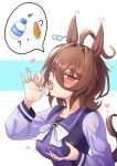  1girl absurdres agnes_tachyon_(umamusume) ahoge animal_ears bottle bow bowtie breasts brown_hair carrot commentary_request covered_nipples earrings grabbing_own_breast hair_between_eyes heart highres horse_ears horse_girl horse_tail jewelry large_breasts long_sleeves looking_at_viewer medium_hair milk_bottle no_bra purple_sailor_collar purple_shirt red_eyes sailor_collar sailor_shirt saliva school_uniform sexually_suggestive shirt single_earring solo spoken_food tail tks099 tongue tongue_out tracen_school_uniform umamusume upper_body white_bow white_bowtie 