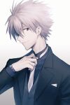  11kkr 1boy closed_mouth commentary_request grey_vest highres jacket male_focus nagisa_kaworu necktie neon_genesis_evangelion pale_skin red_eyes short_hair simple_background solo suit_jacket upper_body vest waistcoat watch white_background wingtip_collar wristwatch 