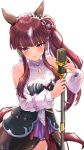  1girl absurdres animal_ears bare_shoulders black_corset blunt_bangs blush breasts brown_hair closed_mouth commentary_request corset detached_sleeves ear_covers hair_between_eyes hair_ornament highres holding holding_microphone holding_microphone_stand horse_ears horse_girl horse_tail long_hair looking_at_viewer lucky_lilac_(racing)_(umamusume) lucky_lilac_(umamusume) microphone microphone_stand multicolored_hair purple_eyes shirt side_ponytail simple_background skirt smile solo tail umamusume white_background white_shirt yashimo_1875 