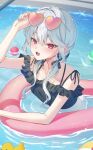  1girl blurry blurry_background commentary_request fang frilled_one-piece_swimsuit frills grey_hair heart heart-shaped_eyewear highres innertube khr_39 long_hair looking_at_viewer one-piece_swimsuit open_mouth original red_eyes skin_fang solo swim_ring swimsuit water 