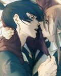  2boys angel_devil_(chainsaw_man) artist_logo black_necktie blue_eyes chainsaw_man dress_shirt face-to-face fingernails hayakawa_aki highres imminent_kiss jacket logo long_hair male_focus multiple_boys necktie open_mouth red_eyes rubymoon_art shirt short_hair suit suit_jacket teeth topknot white_shirt yaoi 