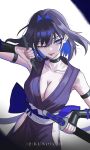  1girl absurdres alternate_costume black_choker blue_bow blue_hair bow breasts choker cleavage closed_mouth clothing_cutout collarbone colored_inner_hair commentary english_commentary hair_intakes hand_guard highres hip_vent holding holding_kunai holding_sword holding_weapon hololive hololive_english kunai large_breasts looking_at_viewer medium_hair multicolored_hair ninja one_eye_closed ouro_kronii sash solo sword tongue tongue_out virtual_youtuber weapon wrist_guards yorn_(yor_n) 