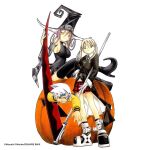  1boy 2girls artist_name bell black_boots black_dress black_hat black_jacket black_shirt black_sleeves black_thighhighs blair_(soul_eater) blonde_hair boots breasts closed_mouth collared_shirt commentary cover cover_page creator_name detached_sleeves dress english_commentary english_text full_body gloves green_eyes green_necktie grin hair_between_eyes hand_on_own_hip hat headband holding holding_scythe holding_weapon jack-o'-lantern jacket large_breasts long_hair long_sleeves looking_at_viewer maka_albarn manga_cover miniskirt multicolored_boots multiple_girls neck_bell necktie numbered official_art ohkubo_atsushi on_pumpkin partial_transformation plaid_clothes plaid_skirt pumpkin purple_hair red_eyes red_skirt scythe sharp_teeth shirt simple_background sitting skirt sleeveless sleeveless_shirt smile soul_eater soul_evans spiked_hair standing striped_clothes striped_necktie striped_skirt teeth textless_cover_page textless_version thighhighs thighs twintails two-tone_boots two-tone_necktie weapon white_background white_boots white_gloves white_hair white_shirt witch witch_hat yellow_eyes yellow_jacket yellow_necktie 