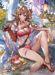 1girl 77gl bikini breasts brown_hair commentary_request dragon_claw dragon_fruit dragon_horns galmieux_(shadowverse) hair_between_eyes high_heels highres horns long_hair looking_at_viewer medium_breasts red_bikini red_eyes red_scales shadowverse shadowverse_evolve solo swimsuit thigh_strap 