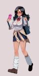  1girl absurdres bag black_hair bracer breasts clothes_around_waist dc_comics gold_tiara gyaru highres holding holding_phone large_breasts loose_socks nail_polish phone school_uniform shirt shoulder_bag socks solo the_accel tiara white_shirt wonder_woman wonder_woman_(series) 