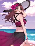  1girl ass back bare_shoulders beach bikini black_sarong blush breasts brown_hair choker cloud dorothea_arnault dorothea_arnault_(summer) earrings fire_emblem fire_emblem:_three_houses fire_emblem_heroes flower gradient_sarong green_eyes hat hat_flower jewelry large_breasts long_hair looking_at_viewer multicolored_bikini ocean off_shoulder official_alternate_costume open_mouth outdoors rein_creamsoda sarong sky smile solo sun_hat swimsuit teeth two-tone_bikini upper_teeth_only water 