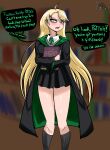  1girl absurdres ahoge black_cape black_dress blonde_hair blush book bookshelf cape collared_shirt commentary disgust draco_malfoy draco_malfoy_(redteneri) dress english_text facing_viewer genderswap genderswap_(mtf) green_eyes green_necktie green_panties grey_socks harry_potter_(series) highres hogwarts_school_uniform holding holding_book kelltermythos long_hair long_sleeves looking_at_viewer necktie panties pleated_dress school_uniform shirt short_dress signature slytherin socks solo speech_bubble thick_thighs thighs underwear white_shirt wizarding_world 