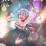  1girl :o ;o ahoge black_dress blue_eyes boots braid breasts cleavage commentary_request dress glowstick gotointhepark highres holding holding_glowstick holding_microphone honkai_(series) honkai_impact_3rd kiana_kaslana kiana_kaslana_(honkai_world_diva) kiana_kaslana_(valkyrie_ranger) large_breasts long_hair microphone official_alternate_costume one_eye_closed pink_boots smile solo solo_focus stage twin_braids very_long_hair white_hair 
