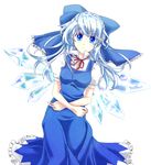  alternate_hair_length alternate_hairstyle bangs blue_bow blue_dress blue_eyes blue_hair bow cirno collared_shirt commentary_request crossed_arms crystal dress frilled_bow frilled_dress frills hair_bow highres long_hair neck_ribbon older popped_collar puffy_short_sleeves puffy_sleeves red_ribbon ribbon shirt short_sleeves solo tareme touhou white_shirt zatsumi 