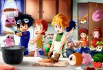  2girls 5boys :3 ? apron bilingual_commentary black_eyes blonde_hair blue_eyes blue_hair blue_shirt brown_eyes brown_gloves brown_hair capelet carrot chef_hat closed_eyes closed_mouth collared_shirt commentary cooking cooking_pot curtains cutting_board detoreik deviantart_username digimoji digimon digimon_(creature) digimon_adventure digivice door dress eating english_commentary glasses gloves goggles goggles_on_head green_hat green_shirt group_picture hat holding holding_digimon holding_knife holding_plate holding_spoon indoors ishida_yamato izumi_koshiro kido_jo kitchen kitchen_knife knife koromon long_hair long_sleeves looking_at_another missing_headwear mixed-language_commentary mochimon multiple_boys multiple_girls open_mouth orange_eyes orange_hair orange_shirt patamon pink_hat plate ponytail print_shirt pukamon pyocomon red_capelet red_dress red_eyes shirt short_hair sleeveless sleeveless_shirt smile spanish_commentary spiked_hair spoon star_(symbol) star_print t-shirt tachikawa_mimi takaishi_takeru takenouchi_sora tanemon tunomon turtleneck turtleneck_shirt unworn_hat unworn_headwear web_address white_apron white_gloves white_hat window wings wrist_wings yagami_taichi yellow_shirt zzz 