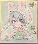  1girl absurdres aged_down animal animal_ears animal_hood blue_hair blush_stickers boots bow braid brown_eyes closed_mouth dated don-chan_(usada_pekora) fake_animal_ears frog green_boots hair_between_eyes hair_bow hand_on_own_knee highres hololive hood hood_up hooded_jacket jacket kiritoma long_sleeves photo_(medium) rabbit-shaped_pupils rabbit_ears rabbit_girl rabbit_hood rabbit_tail raincoat rubber_boots shikishi short_eyebrows smile squatting symbol-shaped_pupils tail thick_eyebrows traditional_media twin_braids usada_pekora white_bow white_jacket 