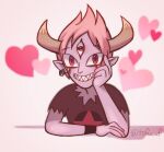  1boy colored_skin commentary_request demon_boy demon_horns earrings extra_eyes horns jewelry male_focus mameda_toofu pink_skin red_eyes red_hair shirt simple_background solo star_vs_the_forces_of_evil tagme tom_lucitor toon_(style) 