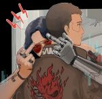  2boys black_hair brown_hair brown_jacket cyberpunk cyberpunk_(series) cyberpunk_2077 highres jacket jewelry johnny_silverhand looking_at_viewer male_focus mechanical_arms middle_finger mirumiru0716 multiple_boys red-tinted_eyewear ring short_hair single_mechanical_arm sunglasses tinted_eyewear upper_body v_(cyberpunk) vincent_(cyberpunk) 