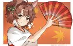  1girl ahoge animal_ears blush breasts brown_eyes brown_hair checkered_ribbon closed_mouth commentary_request dantsu_flame_(umamusume) ear_covers ear_ribbon folding_fan hair_between_eyes hairband hand_fan highres holding holding_fan horse_ears horse_girl japanese_clothes kimono kuruton_(krtn_gameac) large_breasts looking_at_viewer multicolored_hair pink_hairband smile solo umamusume upper_body white_hair white_kimono 
