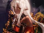  1girl antenna_hair arm_rest arm_ribbon autumn_leaves bare_shoulders black_gloves black_sleeves black_trim blurry blurry_background breasts chest_ribbon choppy_bangs cleavage clenched_hand commentary dark-skinned_female dark_elf dark_skin detached_collar double-parted_bangs dress elbow_gloves elf fingerless_gloves firo3404 floating_hair from_side gloves hair_between_eyes head_on_hand kimono_dress large_breasts leaf leaning_forward long_hair long_hair_between_eyes long_pointy_ears long_sidelocks looking_at_viewer loose_hair_strand lying obi obijime on_stomach painterly pointy_ears pose_request red_dress ribbon rope_around_waist sansei_muramasa sash shiny_skin sidelocks solo soukou_akki_muramasa strapless unkempt very_dark_skin white_hair yellow_eyes yellow_ribbon yellow_string 