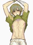  1boy 4946bai absurdres ahoge arms_up bandaged_hand bandages blush clothes_lift collarbone commentary_request cowboy_shot green_shirt green_trim groin hair_between_eyes highres looking_at_viewer looking_down male_focus mouth_hold navel nipples own_hands_together pants parted_bangs shiraishi_kuranosuke shirt shirt_lift short_hair short_sleeves simple_background sketch solo sportswear sweat sweatband tennis_no_ouji-sama tennis_uniform white_background white_pants wispy_bangs wristband 