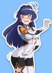 1girl black_hair blue_background blue_eyes blush bodysuit breasts cleavage commentary_request cosplay gotointhepark highres honkai_(series) honkai_impact_3rd kiana_kaslana kiana_kaslana_(cosplay) kiana_kaslana_(white_comet) long_hair looking_at_viewer open_mouth raiden_mei simple_background solo wavy_mouth 