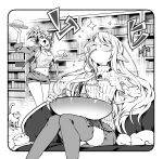  2023 2girls absurdres aeria_(eudetenis) arm_up artist_name blush bookshelf bowl cake cat chest_jewel cleavage_cutout clip_studio_paint_(medium) closed_eyes clothing_cutout commentary cropped_jacket cup dessert eating elf eudetenis food glasses greyscale hairband highres holding holding_tray indoors irisha_(eudetenis) jacket long_hair long_pointy_ears long_sidelocks long_sleeves looking_at_another midriff monochrome multiple_girls navel noodles object_on_lap open_clothes open_jacket open_mouth original pointy_ears ramen ribbed_sweater rimless_eyewear romaji_commentary round_eyewear saucer scar scar_on_cheek scar_on_face short_shorts shorts sidelocks sitting skirt slurping sparkle sweater teacup thighhighs three-quarter_sleeves translation_request tray turtleneck turtleneck_sweater very_long_sidelocks zettai_ryouiki 