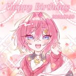  1girl :d ange_katrina ange_katrina_(1st_costume) blue_eyes blush cardigan commentary_request dated english_text falling_petals floral_background gradient_eyes hair_between_eyes hair_intakes hair_ornament hairclip hands_up happy_birthday highres long_bangs long_sleeves looking_at_viewer medium_hair multicolored_eyes nijisanji open_mouth orange_petals petals pink_background pink_petals portrait purple_eyes red_cardigan red_hair riki_xx08 smile solo sparkle string string_of_fate teeth triangle_hair_ornament twitter_username upper_teeth_only virtual_youtuber watermark 