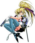  90s artist_request blonde_hair blue_legwear burn-up burn-up_w cuffs gloves gun handcuffs handgun highres kinezono_rio legs long_hair official_art police police_uniform ponytail simple_background solo thighhighs tonfa uniform weapon white_background zettai_ryouiki 