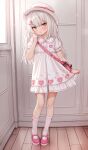  1girl absurdres bag blunt_bangs blush buttons child clothes_lift commentary comodox contrapposto dot_nose double-parted_bangs dress english_commentary fisheye food-themed_hair_ornament frilled_sleeves frills fruit_hair_ornament hair_between_eyes hair_ornament hand_on_own_cheek hand_on_own_face highres holding_own_dress indoors kneehighs la_aong_(comodox) long_hair looking_at_viewer original pink_shoes pout puffy_short_sleeves puffy_sleeves shoes short_dress short_sleeves shoulder_bag socks solo story_in_commentary white_dress white_hair white_socks wooden_floor 