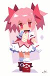  1girl aidos_(user_cnkv5582) artist_name blush_stickers bow chest_jewel chibi chibi_only chinese_commentary commentary dress dress_bow frilled_dress frilled_socks frills full_body gem gloves hair_bow highres kaname_madoka kaname_madoka_(magical_girl) looking_at_viewer magical_girl mahou_shoujo_madoka_magica mahou_shoujo_madoka_magica_(anime) no_mouth pink_bow pink_gem pink_hair puffy_short_sleeves puffy_sleeves red_shoes shoes short_sleeves short_twintails socks solo soul_gem_(madoka_magica) standing twintails white_gloves white_socks 