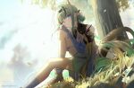  1girl :o absurdres ankle_boots arknights arknights:_endfield artist_name bare_shoulders bead_bracelet beads black_streaks blue_eyes blue_hairband blue_socks boots bracelet brown_boots colored_extremities commentary cryne dappled_sunlight day detached_sleeves dragon_girl dragon_horns dragon_tail dress earrings eastern_dragon_horns falling_leaves flower from_side grass green_hair grey_dress hair_bun hair_intakes hairband hands_on_own_knee head_down head_on_hands highres horns jewelry knee_up leaf long_hair long_pointy_ears looking_at_viewer looking_to_the_side multicolored_hair on_ground outdoors overcast parted_lips pointy_ears short_dress short_sleeves si_(arknights) sitting sky sleeveless sleeveless_dress socks solo streaked_hair sunlight tail tree turning_head twitter_username very_long_hair white_flower yellow_horns 