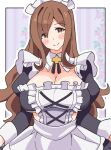  1girl absurdres blush blush_stickers breasts brown_eyes brown_hair cleavage closed_mouth commentary enmaided eyes_visible_through_hair frills hair_over_one_eye highres juliet_sleeves kono_subarashii_sekai_ni_shukufuku_wo! large_breasts long_sleeves looking_at_viewer maid maid_headdress noyama_takenoko puffy_sleeves smile solo unconventional_maid wiz_(konosuba) 