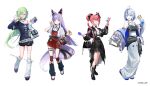  4girls ahoge aokumo_rin arm_warmers black_boots black_jacket black_shoes black_skirt blue_eyes blue_hair blue_streaks boots braid closed_mouth commentary_request cone_hair_bun double_bun eating food food_on_face fox_girl fox_tail full_body green_eyes green_hair grey_hair grey_pants hair_between_eyes hair_bun hanako_nana heterochromia highres jacket korean_commentary leg_warmers long_hair long_sleeves looking_at_another looking_at_viewer multicolored_hair multiple_girls official_art one_eye_closed open_clothes open_jacket pants parted_bangs pink_hair planetzer_0 purple_hair shoes short_hair short_sleeves simple_background skirt standing standing_on_one_leg stellive streaked_hair tail teeth tenko_shibuki tongue tongue_out twin_braids upper_teeth_only very_long_hair virtual_youtuber white_arm_warmers white_background white_jacket white_leg_warmers white_shoes yellow_eyes yuzuha_riko 