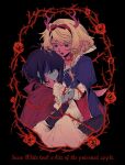  1girl 1other androgynous animal_ears antlers black_background blonde_hair blue_corset blue_dress blue_hair blue_skin bow bow_hairband buck_teeth cape colored_eyelashes colored_skin commentary corset cosplay deer_antlers deer_ears deer_girl deer_tail deltarune dress english_commentary english_text flower freckles furry furry_female grabbing_another's_chin hair_between_eyes hairband hand_on_another's_chin hand_on_another's_face highres horns kris_(dark_world)_(deltarune) kris_(deltarune) long_hair looking_at_another noelle_holiday open_mouth puff_and_slash_sleeves puffy_short_sleeves puffy_sleeves red_bow red_cape red_flower red_nose red_pupils red_rose reindeer_girl rose shaded_face short_hair short_sleeves simple_background snow_white_(fairy_tale) snow_white_(fairy_tale_character) snow_white_(fairy_tale_character)_(cosplay) spiked_ring tail teeth thorn_ring_(deltarune) thorns tishacat utdr_(toby_fox) weird_route_(deltarune) 